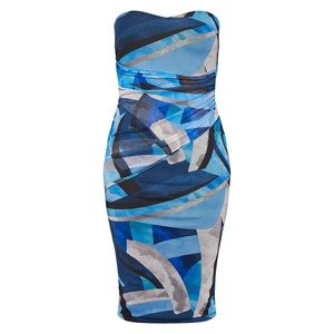 Blue Abstract Print Mesh Bandeau Drape Midi Dress